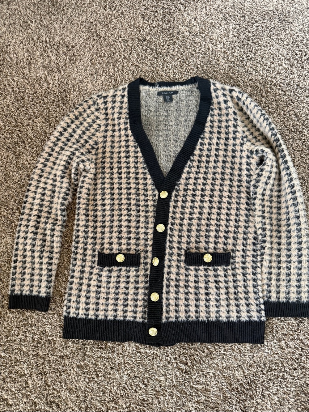 Tahari Black and Cream Houndstooth V-Neck Cardigan with Gold Buttons